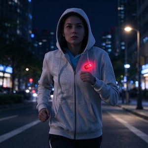 May include: A light gray zip-up hoodie with a hood and a small, rectangular, glowing red safety light clipped onto the chest area. The garment features long sleeves, a front zipper closure, and two front pockets, providing visibility.