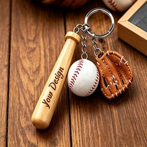 May include: A keychain featuring a miniature wooden baseball bat with the text Your Design engraved on the side, a small white baseball with red stitching, and a brown leather baseball glove charm, all attached to a silver metal ring.