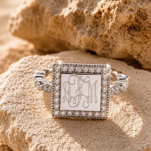 monogram ring, monogram sterling silver square ring, monogram sterling silver ring, monogram cubic zirconia ring, monogram single ring