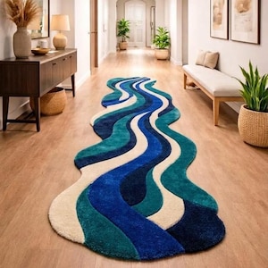Blue Abstract Wavy Rug, Hand Tufted Wool Area Rug, Modern Organic Shape Carpet, Teal Navy Living Room Rug, Handmade Designer Floor Decor