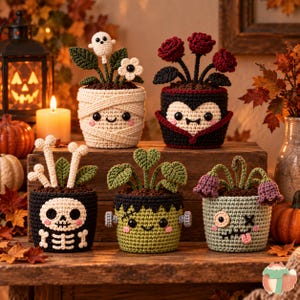 Handmade Crochet Monster Plant Pots, Vampire & Skeleton Halloween Decor, Spooky Car Hanging Gift