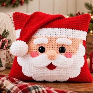 May include: A square crochet cushion designed to look like Santa Claus, featuring a red hat with a white pom-pom, a peach-coloured face, black button eyes, a round nose, pink cheeks, and a thick white beard with a small red mouth opening.