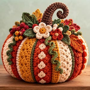 May include: A crocheted pumpkin featuring vertical stripes in shades of orange, red, and cream. The top is decorated with a brown curly stem, green leaves, small red and yellow berries, and two white and red crocheted flowers with yellow centres.