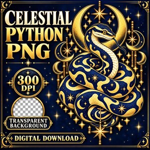 Celestial Python PNG, Mystical Snake Clipart, Indigo Gold Reptile Wall Art, Gothic Sublimation Design, Transparent Digital Download