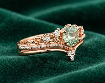 Green Crown Ring | Vintage Filigree Ring Set | Rose Gold Stacking Ring | Moissanite Tiara Ring | Unique Statement Ring | Gift for Her