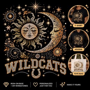 May include: A black graphic design featuring a gold sun and crescent moon with intricate patterns, surrounded by stars and floral elements. The word WILDCATS is printed in large gold letters with a horseshoe icon. Includes a t-shirt, hoodie, and tote bag.