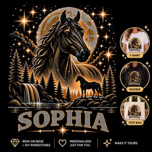 May include: A graphic design featuring a horse head and a full-body horse silhouette against a moonlit forest with a waterfall. The name SOPHIA is written in a dotted font. Includes small circular previews of a t-shirt, hoodie, and tote bag.