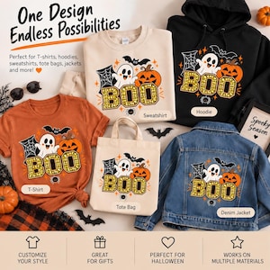 Può includere: Una collezione di capi d'abbigliamento che include una felpa beige, una felpa con cappuccio nera, una t-shirt arancione e una borsa in tela beige, tutte con una grafica raffigurante un fantasma, una zucca e la scritta BOO. Una giacca di jeans blu.
