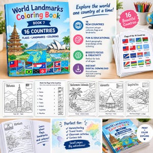 Puede incluir: Un libro para colorear World Landmarks Book 7 que presenta 16 países con banderas y monumentos. La portada muestra una pagoda, el monte Fuji y la Ópera de Sídney. Incluye páginas educativas con juegos de emparejar banderas, dibujos lineales de Taiwán, Islas Salomón, Vanuatu, Seychelles y Kiribati, además de un gráfico de un mapa mundial.