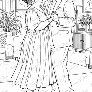 May include: A black and white line art illustration of two people dancing together in a living room. One person wears a dress with a V-neckline and braided hair, while the other wears a suit jacket and trousers. The scene includes furniture, a plant, and wall art.
