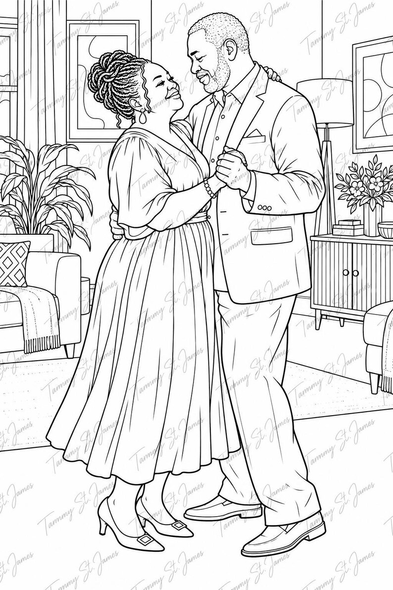 May include: A black and white line art illustration of two people dancing together in a living room. One person wears a dress with a V-neckline and braided hair, while the other wears a suit jacket and trousers. The scene includes furniture, a plant, and wall art.
