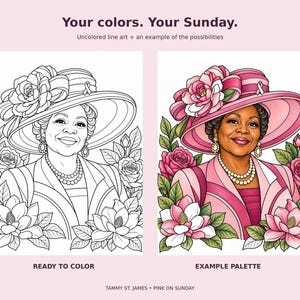 May include: A coloring page titled Your colors. Your Sunday. featuring a line art illustration and a colored example of a person wearing a wide-brimmed hat with a flower, a pearl necklace, and earrings, surrounded by roses and magnolia flowers.