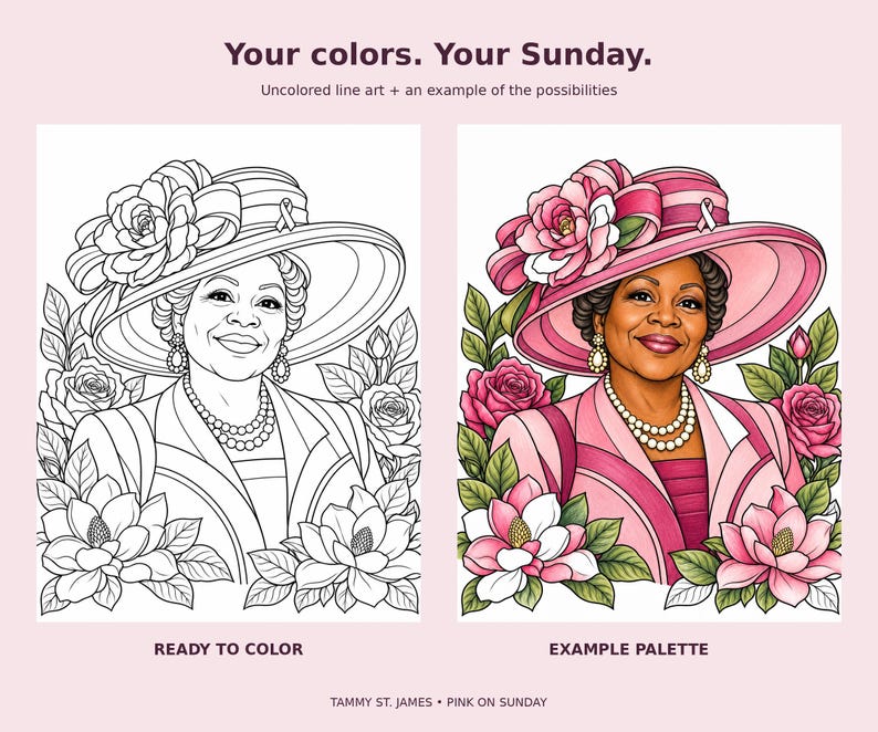 May include: A coloring page titled Your colors. Your Sunday. featuring a line art illustration and a colored example of a person wearing a wide-brimmed hat with a flower, a pearl necklace, and earrings, surrounded by roses and magnolia flowers.