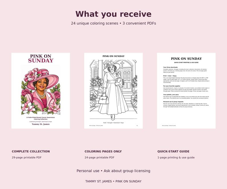 May include: A digital coloring collection titled Pink on Sunday by Tammy St. James, featuring 24 coloring scenes across 3 PDFs. Includes a cover page with a colored illustration, a black and white line art page, and a quick-start printing guide.