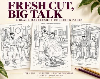 Black Barbershop Adult Coloring PDF, 6 Pages | Fresh Cut, Big Talk