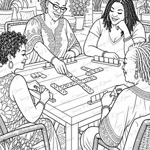 May include: A black and white line art illustration of four individuals sitting around a square table playing a game of dominoes. The scene is set on a patio with potted plants in the background. Each person has a rack for their domino tiles.