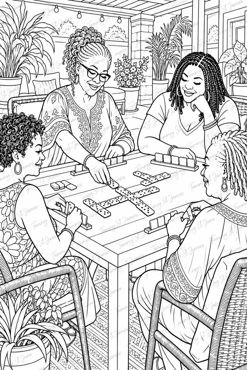 May include: A black and white line art illustration of four individuals sitting around a square table playing a game of dominoes. The scene is set on a patio with potted plants in the background. Each person has a rack for their domino tiles.