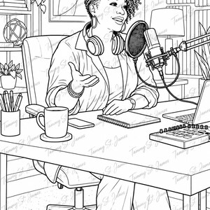 May include: A black and white line art illustration of a person with curly hair sitting at a desk, wearing headphones and speaking into a studio microphone. The desk features a laptop, a coffee mug, a notebook, and a sound mixer for podcasting.