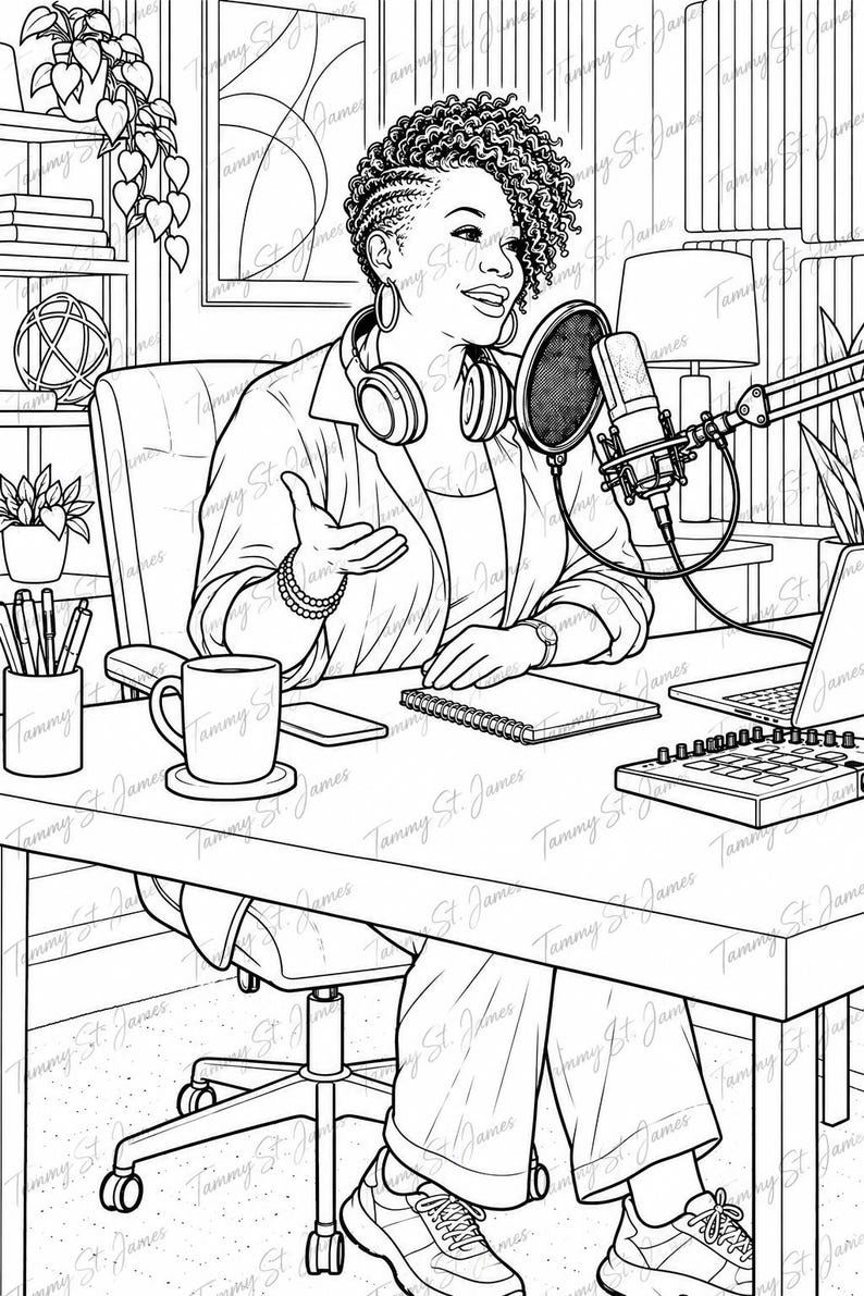 May include: A black and white line art illustration of a person with curly hair sitting at a desk, wearing headphones and speaking into a studio microphone. The desk features a laptop, a coffee mug, a notebook, and a sound mixer for podcasting.
