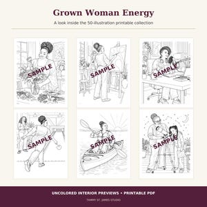 Six uncolored Grown Woman Energy interior samples show Black women arranging flowers, painting, podcasting, bowling, kayaking, and stargazing.