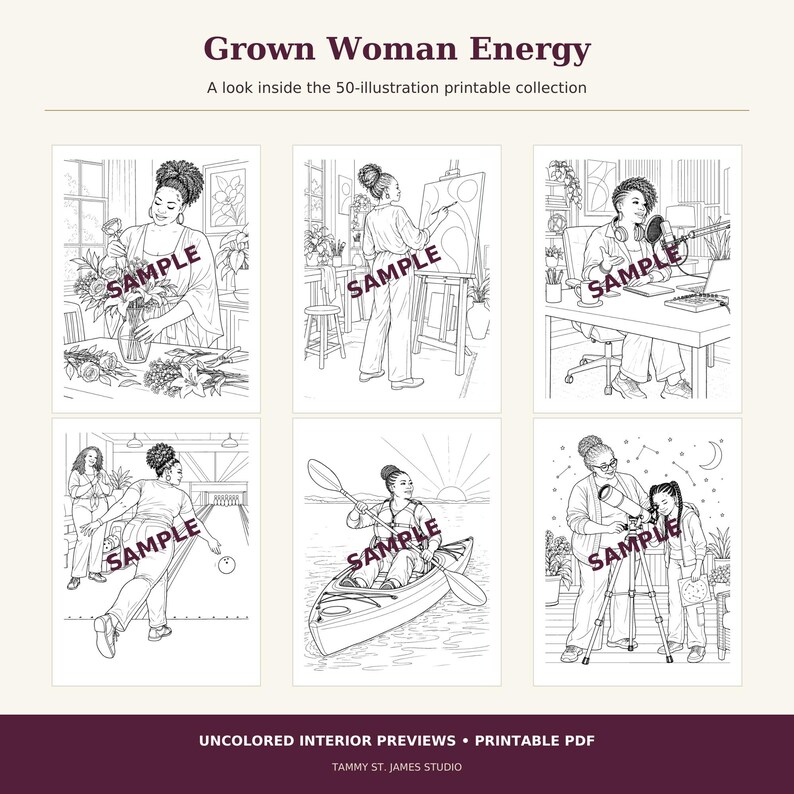 Six uncolored Grown Woman Energy interior samples show Black women arranging flowers, painting, podcasting, bowling, kayaking, and stargazing.