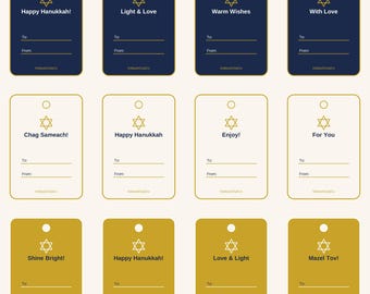 Hanukkah Gift Tags Printable – 12 Tags in 3 Designs, Navy Gold Holiday Tags with To From