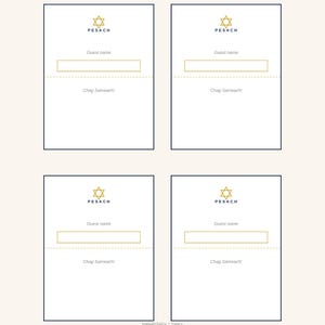 May include: Four rectangular white place cards with a dark blue border. Each card features a gold Star of David, the text PESACH, a line for Guest name, a rectangular box, and the text Chag Sameach below a dashed horizontal line.