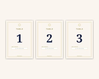 Star of David Table Numbers 1-20 — Editable Mitzvah Table Numbers, Flat + Tent Cards Fillable PDF