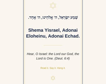 Shema Prayer Print with Transliteration, Hebrew Wall Art Learn to Read Shema, Jewish Home Decor Instant Download