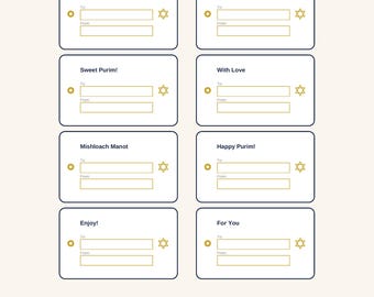 Mishloach Manot Tags Printable – Editable Purim Gift Tags + Round Labels, Navy Gold
