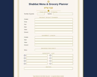 Shabbat Menu Planner Printable | Editable Meal Plan & Grocery List | Shabbos Organizer US Letter + A4