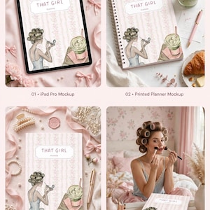 Könnte beinhalten: Eine Planer-Kollektion mit dem Titel THAT GIRL PLANNER, die einen rosa gestreiften Einband mit einer Illustration einer Person in Lockenwicklern zeigt, die sich neben einem grünen Getränk schminkt. Das Set enthält Vorlagen für iPad, Druck und Flatlay.