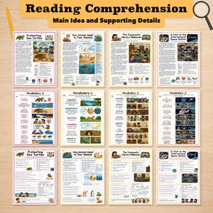 Könnte beinhalten: Eine Sammlung von zwölf Arbeitsblättern mit dem Titel Reading Comprehension Main Idea and Supporting Details. Die Seiten enthalten farbenfrohe Illustrationen, Vokabellisten und Lesetexte über Meeresschildkröten, Tierlebensräume, Bibliotheken und den Weltraum.