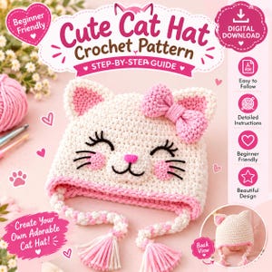 Crochet Cat Ear Hat Pattern PDF, Cute Kitty Beanie Crochet Pattern, DIY Cat Ears Hat, Digital Download