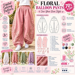 May include: A digital sewing pattern for floral balloon pants featuring a pink pair with embroidered floral details. The graphic includes technical flats, a list of pattern pieces, fabric requirements, size options from XS to 3XL, and colorways including white, pink, green, and lilac.