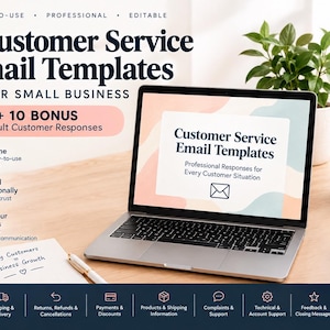 Peut inclure: Un ordinateur portable affichant 50 modèles d'e-mails de service client pour petites entreprises, incluant 10 bonus de réponses difficiles. L'écran présente des réponses professionnelles avec une icône d'enveloppe et des formes abstraites.