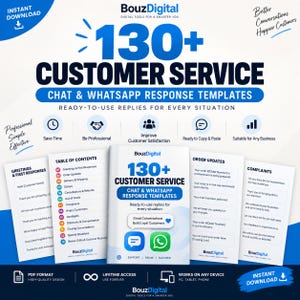 Peut inclure: Un produit numérique présentant 130+ modèles de réponses pour le service client par chat et WhatsApp de BouzDigital. Le visuel montre une couverture centrale entourée de pages affichant la table des matières, les suivis de commande et les plaintes.