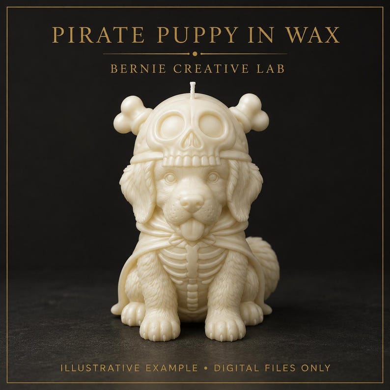 Op de afbeelding: Een gebroken witte waskaars in de vorm van een puppy met een schedelmuts en een cape met skeletpatroon. De tekst PIRATE PUPPY IN WAX, BERNIE CREATIVE LAB en ILLUSTRATIVE EXAMPLE &bull; DIGITAL FILES ONLY is in goudkleurige letters afgedrukt.