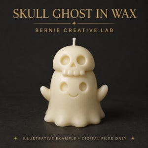 May include: An off-white wax candle shaped like a ghost with a skull resting on its head. The text SKULL GHOST IN WAX, BERNIE CREATIVE LAB, and ILLUSTRATIVE EXAMPLE &bull; DIGITAL FILES ONLY is printed in gold lettering against a dark background.