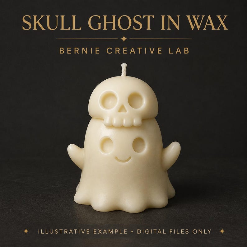 May include: An off-white wax candle shaped like a ghost with a skull resting on its head. The text SKULL GHOST IN WAX, BERNIE CREATIVE LAB, and ILLUSTRATIVE EXAMPLE &bull; DIGITAL FILES ONLY is printed in gold lettering against a dark background.