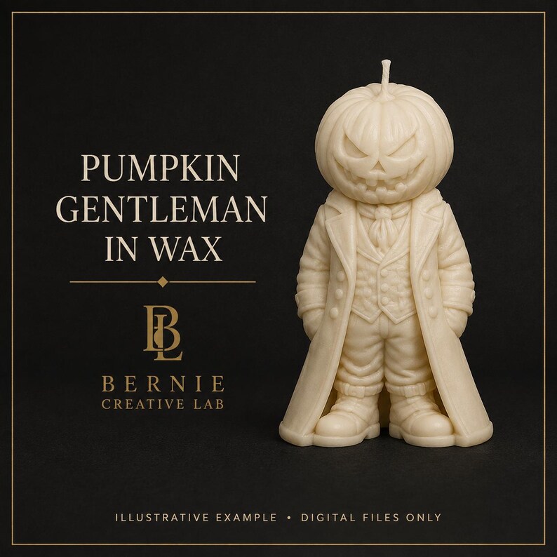 May include: An off-white wax candle shaped like a pumpkin-headed figure wearing a long coat, vest, and cravat. Text on the left reads PUMPKIN GENTLEMAN IN WAX, the BL logo, BERNIE CREATIVE LAB, and at the bottom, ILLUSTRATIVE EXAMPLE &bull; DIGITAL FILES ONLY.