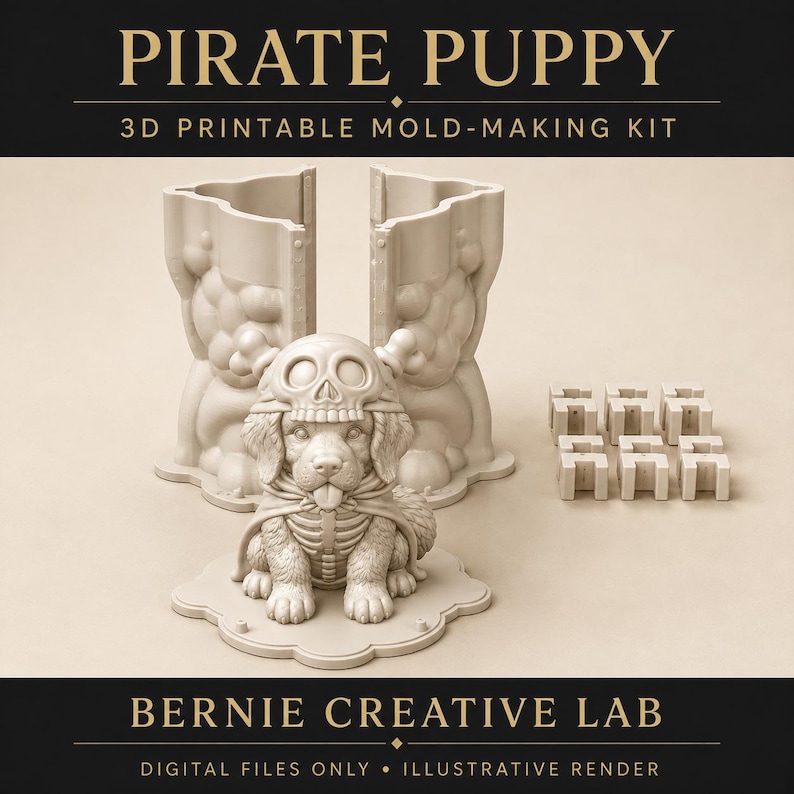 Op de afbeelding: Een 3D-printbare malset genaamd PIRATE PUPPY van BERNIE CREATIVE LAB. De set bevat een tweedelige siliconen mal van een puppy met een schedelhelm en skeletcape, samen met zes kleine vierkante sluitclips voor de montage van de mal.