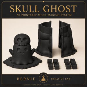 May include: A black 3D printable mold-making system labeled SKULL GHOST. The set includes a ghost-shaped figure with a skull on its head, two vertical mold halves, and eight small square connector pieces, all presented as a digital file set.