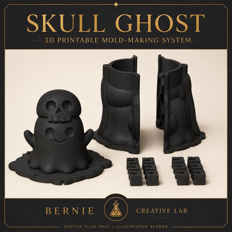 May include: A black 3D printable mold-making system labeled SKULL GHOST. The set includes a ghost-shaped figure with a skull on its head, two vertical mold halves, and eight small square connector pieces, all presented as a digital file set.