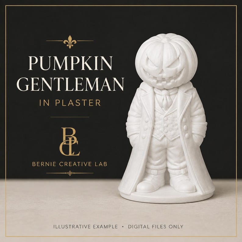 May include: A white plaster figurine of a pumpkin-headed gentleman wearing a long coat, vest, and cravat. Text on the left reads PUMPKIN GENTLEMAN IN PLASTER, BCL BERNIE CREATIVE LAB, and at the bottom, ILLUSTRATIVE EXAMPLE &bull; DIGITAL FILES ONLY.