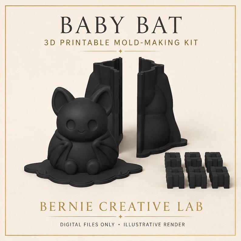 Puede incluir: Un kit de moldes imprimibles en 3D de color negro para una figura de murci&eacute;lago beb&eacute;, que incluye dos mitades de molde, una base y seis conectores cuadrados peque&ntilde;os. El texto dice BABY BAT 3D PRINTABLE MOLD-MAKING KIT y BERNIE CREATIVE LAB DIGITAL FILES ONLY.
