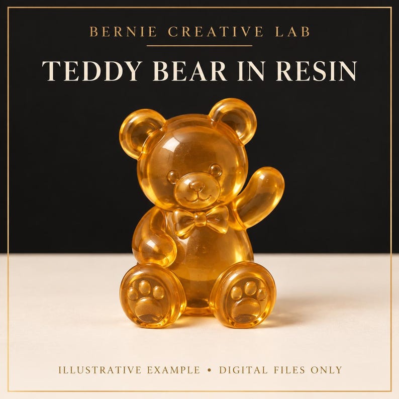 May include: A translucent amber-colored resin teddy bear figurine featuring a small bow tie at the neck and paw prints on the feet. The text BERNIE CREATIVE LAB, TEDDY BEAR IN RESIN, and ILLUSTRATIVE EXAMPLE &bull; DIGITAL FILES ONLY is visible.