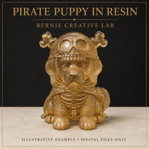 Op de afbeelding: Een doorschijnend gouden harsfiguur van een puppy met een schedelhelm en een cape met een skeletachtig ribbenkastontwerp. De tekst PIRATE PUPPY IN RESIN, BERNIE CREATIVE LAB en ILLUSTRATIVE EXAMPLE &bull; DIGITAL FILES ONLY is zichtbaar.