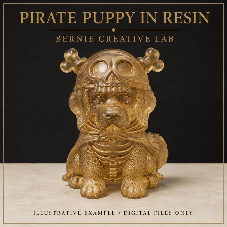 Op de afbeelding: Een doorschijnend gouden harsfiguur van een puppy met een schedelhelm en een cape met een skeletachtig ribbenkastontwerp. De tekst PIRATE PUPPY IN RESIN, BERNIE CREATIVE LAB en ILLUSTRATIVE EXAMPLE &bull; DIGITAL FILES ONLY is zichtbaar.