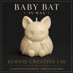 Puede incluir: Una vela de color crema con forma de murci&eacute;lago y una mecha, con orejas grandes, ojos circulares y alas plegadas. El texto dice BABY BAT IN WAX, BERNIE CREATIVE LAB y ILLUSTRATIVE EXAMPLE DIGITAL FILES ONLY sobre un fondo oscuro.